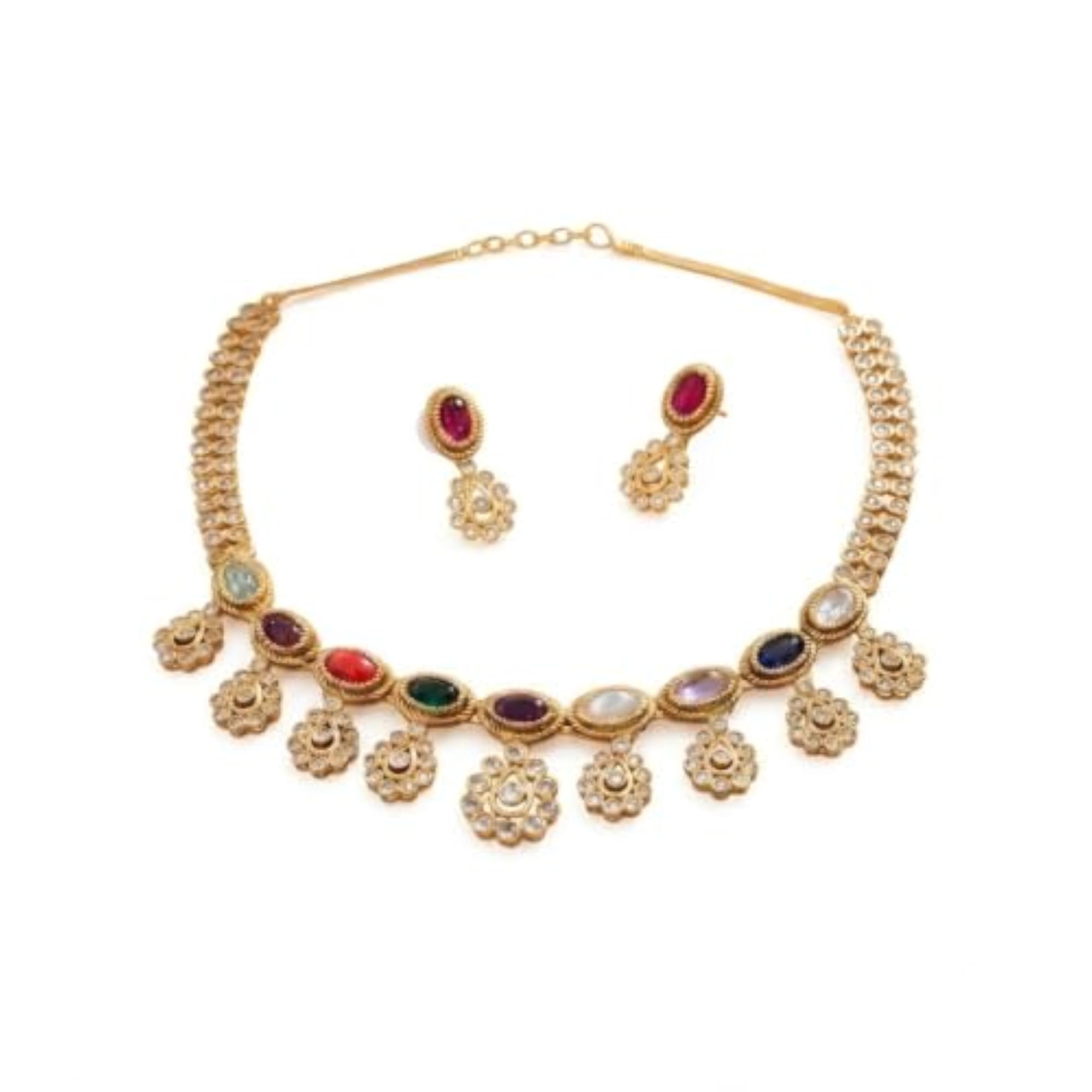 Gold-Tone Necklace and Earring Set with Ruby Stone and Pearls